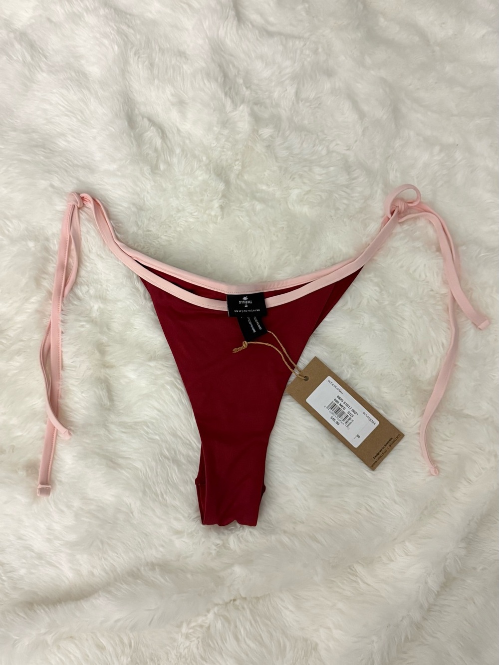 Thrills- Maroon Brazilian Bikini Bottom with Baby Pink Ties